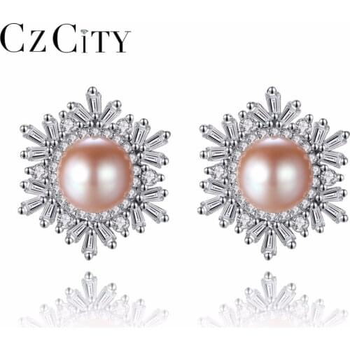 CZCITY Snowflake Shape Freshwater Flawless Pearl Earrings 925 Sterling Silver Stud Earrings for Women Delicate Gift for Party