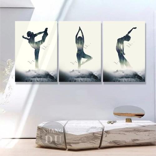 Modern Minimalist Woman Yoga Forest Canvas Poster Wall Art Prints Geometric Painting Nordic Home Decoration Pictures