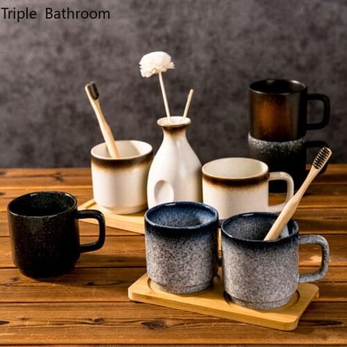 Japanese Mouth Cup Ceramic Home Couples with Handle Mouthwash Cup Bathroom Storage Cups Tray Holder Accessories Washing Tools