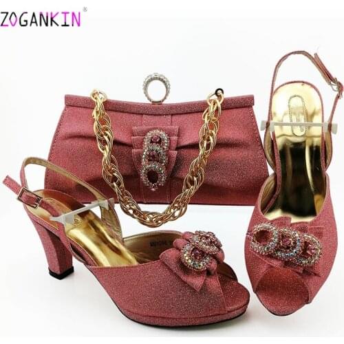 Office Ladies Ladies Shoes Matching Bag in Red Color Nigerian MaMa Shoes and Bag Set Decorate with Rhinestone for Party