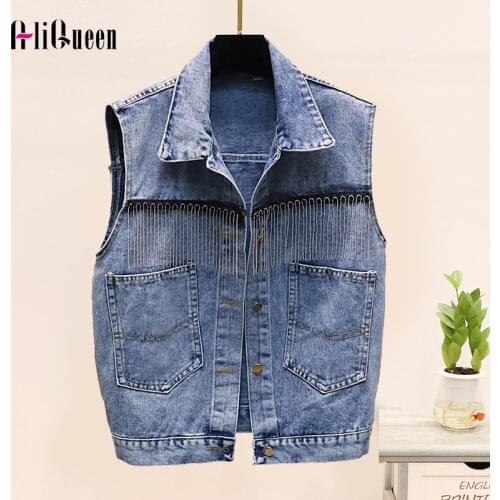 Women Fashion Vintage Denim Vest Jacket Streetwear Pocket Chain Tassel Vest Lapel Short Coat Spring Autumn Waistcoat Plus Size