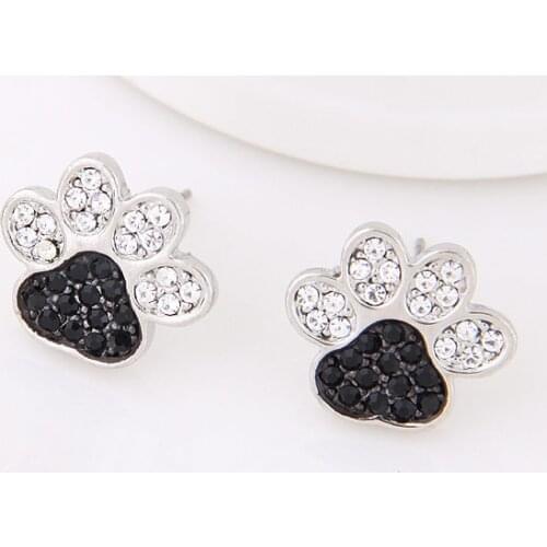 Silver Jewelry crystal Dog Paw Stud Earrings Animal Jewelry For Women