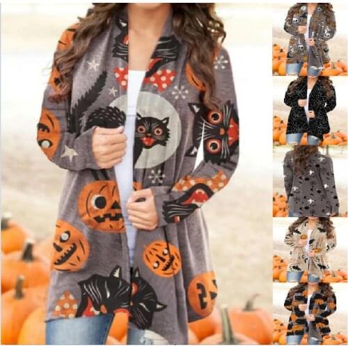 Women Halloween Cardigan Fashionable Pumpkin Animal Cat Printing Jacket Long Sleeve Coat Female Autumn Winter Plus Size Clothes