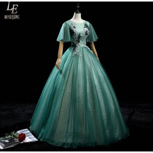 Luxury green sequin beading ruffled butterfly sleeve royal queen long dress medieval Renaissance Victoria ball gown