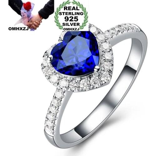 OMHXZJ Wholesale European Fashion Woman Girl Party Wedding Gift White Blue Heart AAA Zircon 925 Sterling Silver Ring RR207