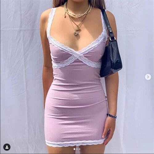 Womens Mini Dress 2021 Sexy Bodycon Elegant Party Evening Dresses Wrap Summer Sling One Pieces Solid Color Lace Lolita