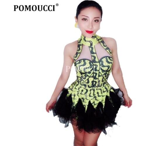 Womens New Sexy Sparkly Rhinestones Printed Dress Stage Costume Nightclub Dj Singer Outfit Dance Costumes Birthday Party Wear