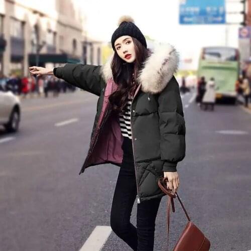 Korean Style Midi Length Down Cotton Coat Women Winter Loose Thick Warm Big Fur Collar Padded Parka Hooded Jacket Female Clothes
