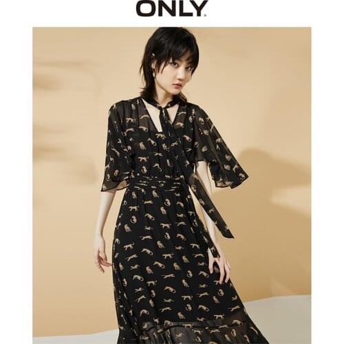 ONLY summer V-neck A-line skirt waist printing design chiffon dress female | 120207508