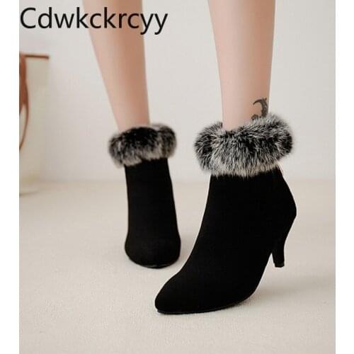 Winter The New fashion Rabbit hair Pointed Fine heel red Sexy zipper Plus velvet Keep warm High heel Women boots plush size34-48