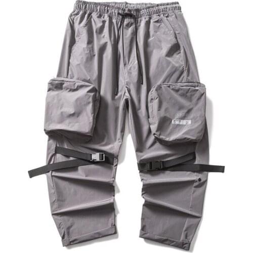 Japanese Gray Cargo Pants Men 2021 Spring Reflective Word Print Outdoor Trousers Joggers Pants Big Pocket Overalls Casual Pants