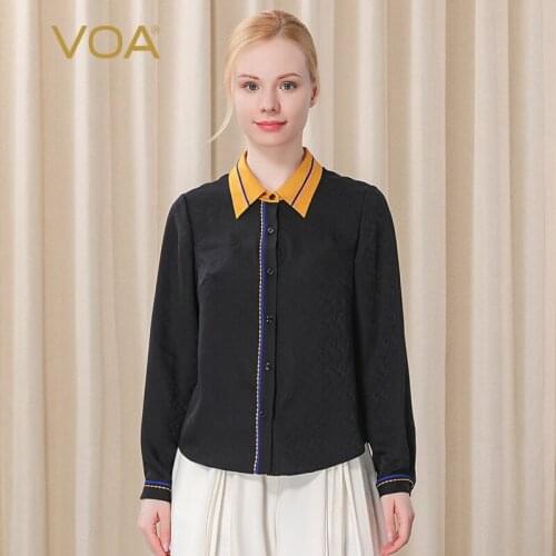 VOA 22m/m Silk Jacquard Black Polo Collar Contrasting Color Stitching Long Sleeve Line Decorative Rolloff Straight Shirt BE272