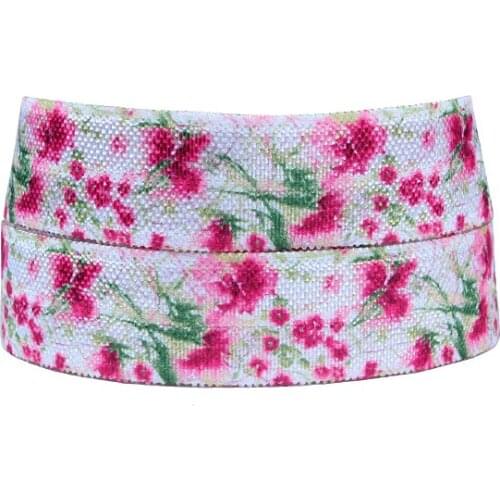 Baby headband foe, 50 yards 15mm spring season pink flower printed fold over elastic