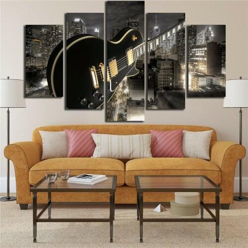 5 Pcs Guitar And City Buildings Night Canvas Pictures Print Wall Art Canvas Paintings Wall Decorations for Living Room Unframe