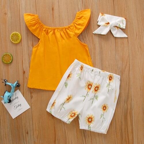 3 Pieces Kids Suit Set Solid Color O-Neck Fly Sleeve Tops+ Sunflower Print Shorts+ Headband For Girls 1-6 Years