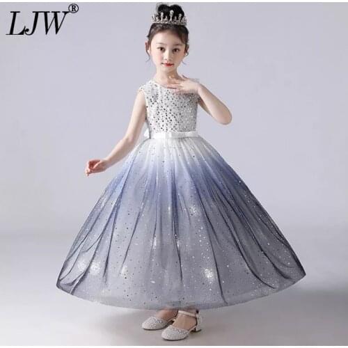 Summer Girls Clothing Princess Dress Blue Sequins Dress Long Girls Baby Mesh Dress Long Skirt Girl