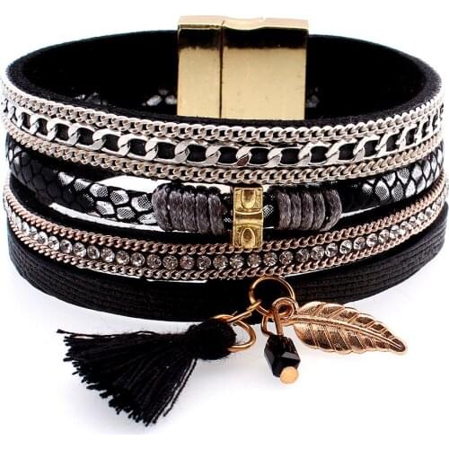 Fashion Alloy Feather Leaves Wide Magnetic Leather bracelets & bangles Multilayer Gold Chain Bracelets Jewelry for Women Men New