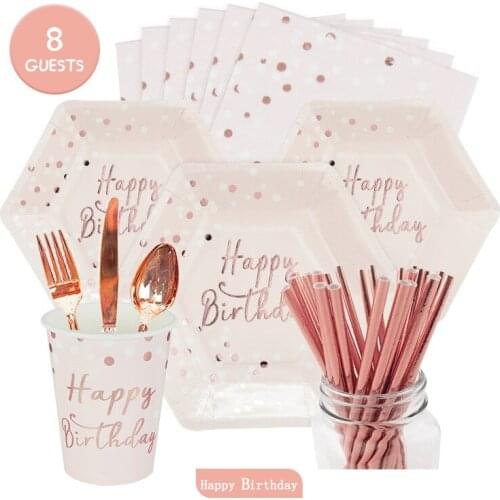 Roes Glod Happy Birthday Tableware Set Girls Favor Plate 18th 20th Birthday Party Decor Birthday Theme Supplies
