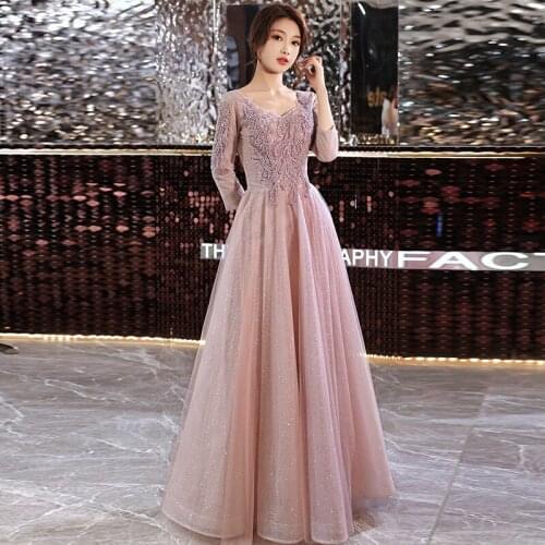 New Luxurious Appliques Evening Dress Full Sleeves Zipper Back V-Neck Floor-Length Ruched A-Line Woman Formal Party Gowns A1127