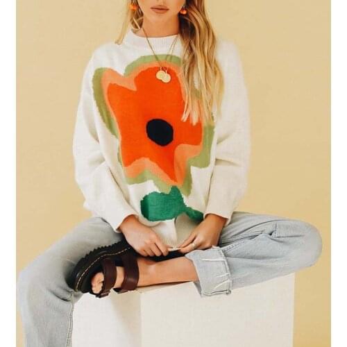 2021 Autumn Winter Warm Flower Sweater Women Print Knitted Sweater Pullovers Women Jumper Loose Sweaters Ladies