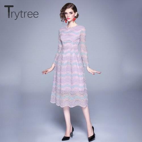Trytree 2020 Autumn Women Dress Casual Polyester Long Sleeve O-Neck Lace Patchwork A-Line Fashion Office Lady Mid-Calf Dress