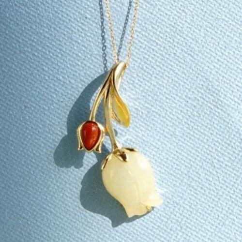 Natural Hotan white jade Tulip Flower Pendant Necklace Chinese style retro palace style small crowd design womens festival gift