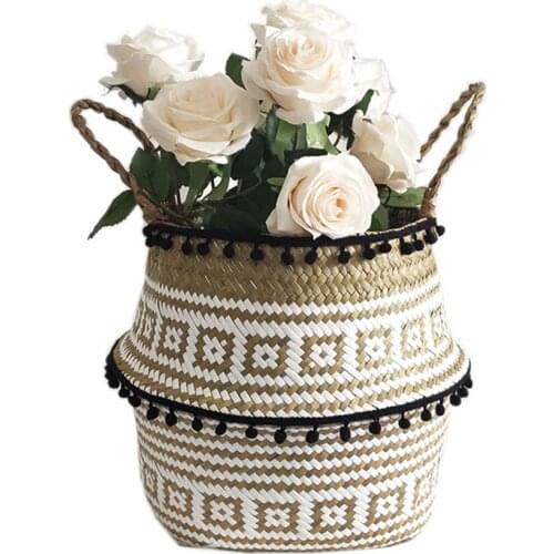 Natural Seaweed Woven Basket Items Storage Basket For Plant Flowerpot Rustic Style Big Vase Folding Basket Flower Vases For Home