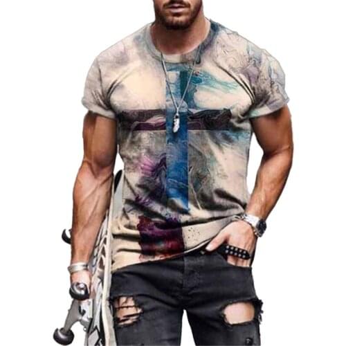 Casual Summer Fashion Men Abstract Printed Round Neck Short Sleeve Top Retro T-Shirt Large Printing Street Trend Loose Pullover