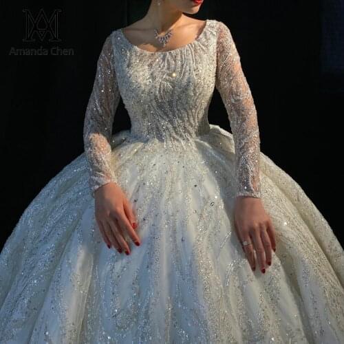 Robes Boat Neck Long Sleeve Lace Applique Luxury Wedding Dress