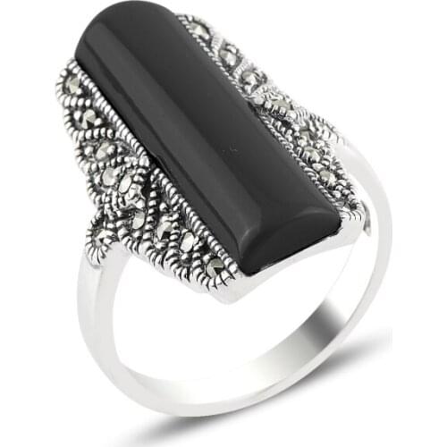 Silver 925 Sterling Onyx & Marcasite Ring