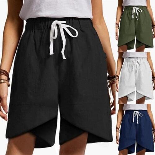 Solid Color Shorts Women Summer Drawstring Waist Loose Wide Leg Shorts for Women Irregular Hem Knee-length Shorts Femme Shorts