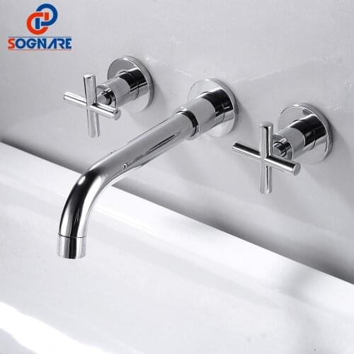 SOGANRE Bathroom Sink Faucet Chrome Brass Faucet Wall Mounted Double with Swivel Spout Handle Basin Faucet Hot and Cold Water Tap
