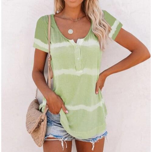 2021 Womens Summer New Fashion Ladies Tie-Dye Printed Striped Button V-Neck Casual Loose Short-Sleeved Hot T-Shirt Tops