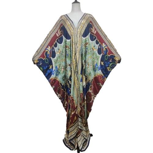 Kuwait 2021 New Floral Bohemian Beach Sundress For Women Dashiki African BouBou Printed Silk Kaftan Clothes