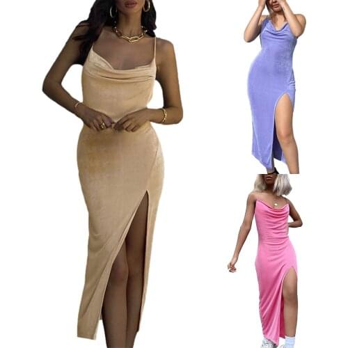 Female Slip Dress Summer Solid Color Sleeveless Spaghetti Strap Package Hip Pink/Purple/Champagne, S/M/L