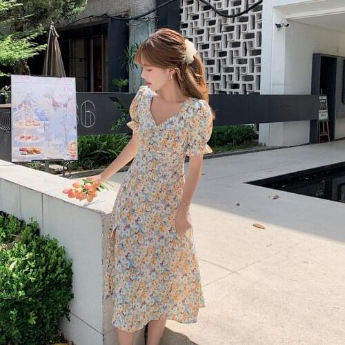 Holiday Floral Printing V-neck Women Dress Elegant Puff Short Sleeve A-line Slit Summer Long Dress Ladies Casual Chiffon Dress
