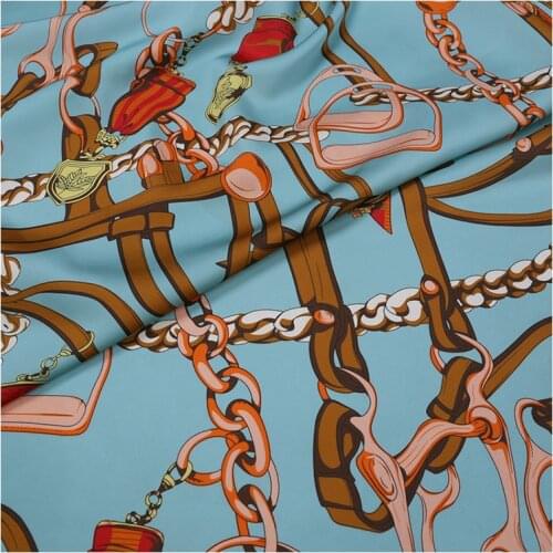 138cm*100cm Light Blue Chains Printed Natural Silk Fabric Stretch Satin Spandex