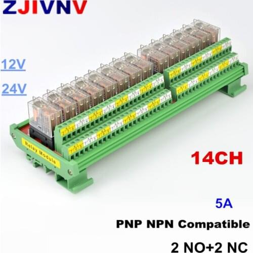 14 Channels DPDT Interface Relay Module 5a 12/24VDC DIN Rail Panel Mount PNP NPN Compatible 2no+2nc