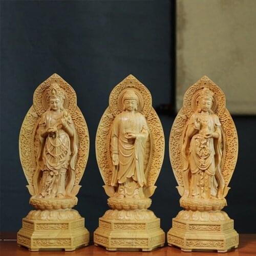 20cm Wood Carving Buddha Statue Decoration Buddhist Amitabha Guanyin Bodhisattva Western Trinity Feng Shui