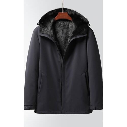 2021 Warm Winter Hooded Navy Shell Full Pelt Mink Fur Lined Jackets Male Meeting Formal Casual Real Fur Clothes
