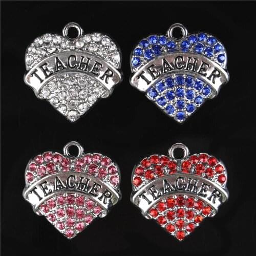 5PCSTrendy Sweet Heart TEACHER Crystal Charms Pendant Fitting DIY Necklace Bracelet Party Fashion Jewelry Best Gift