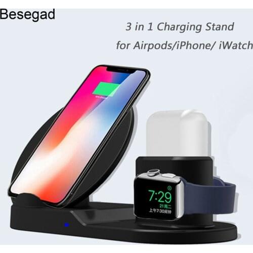 Besegad 3 in 1 7.5W Fast Wireless Charging Stand Dock Station for iPhone XS Max 8 Plus X XR Apple Watch Series 1 2 3 4 Airpods