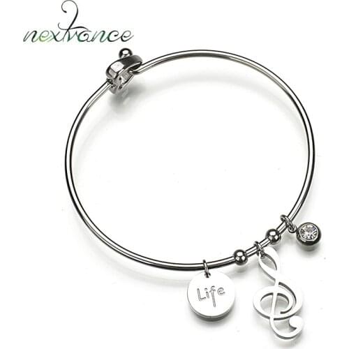 Nextvance CZ Stone Music Note Pendant Bangles Silver Color Stainless Steel Bangle for Girls Gift Pulseira Feminina