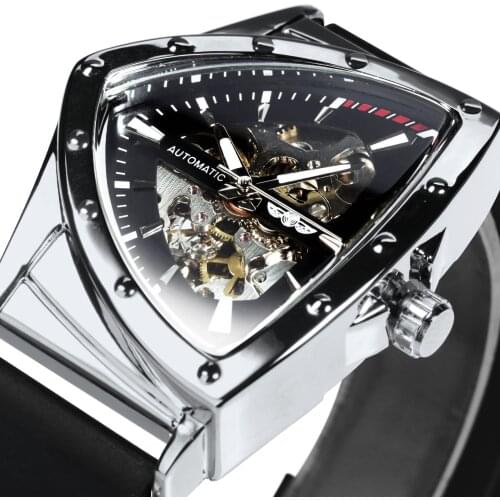 WINNER Silver Black Triangle Skeleton Men Mechanical Wristwatches Luxury Rubber Strap Automatic Luminous relogio masculino