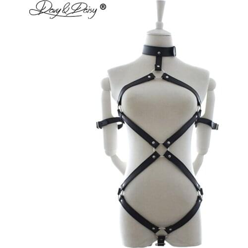DAVYDAISY Women Sexy Bodysuits Collar Choker Handcuffs Catsuits Open Bust Bandage PU Leather Sexy Lingerie Sexy Costumes TE525