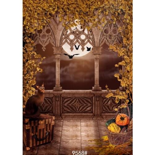 Old Castle Photography Backdrops Dead leaves Cat Bat Moon Mysterious background for photo Vinyl Cloth Customize for Photo Studio