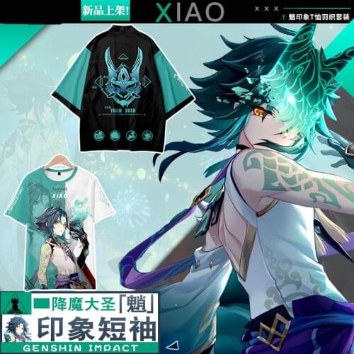 Anime Genshin Impact Xiao Casual Short Sleeve Hooded T-Shirt Shorts Men Women Student Summer Unisex Loose Haori Vest Tops