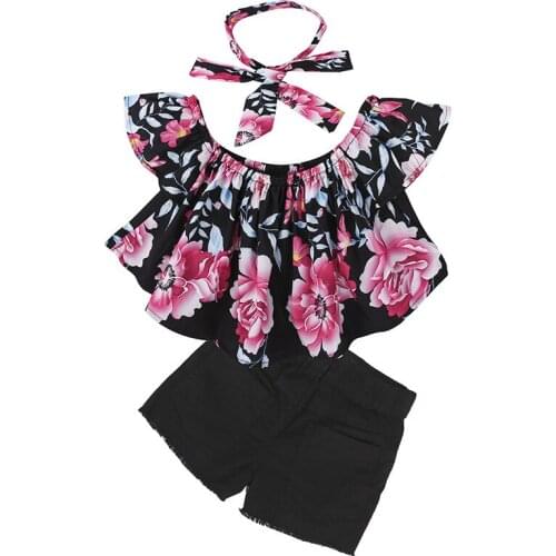 3 Piece Clothing Set for Kids Girls Short Sleeves Off Shoulder T-shirt Floral Raffle Top Ripped Hole Short Jeans Outfit Headband