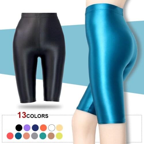 Womens Opaque Satin Glossy Pantyhose Sports Yoga Riding High Waist Shorts Shiny Yoga Pants Leggings Fitness Tights