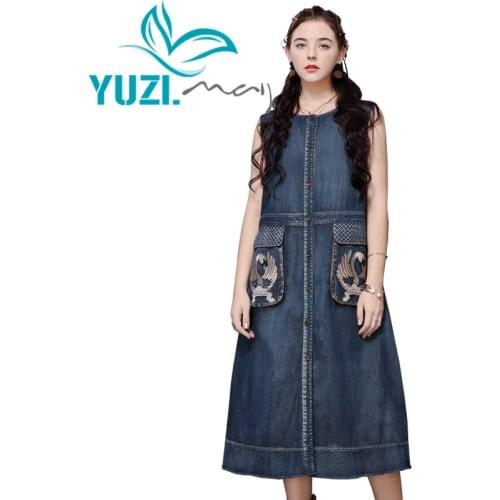 Summer Dress 2020 Yuzi.may Boho New Denim Women Dresses O-Neck Sleeveless Single Breasted Sundress A82203 Vintage Loose Vestidos